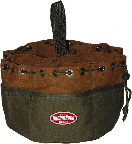 Bucket Boss - 19 Pocket Brown & Green Canvas Tool Tote - 10" Wide x 10" Deep x 6" High - Exact Industrial Supply