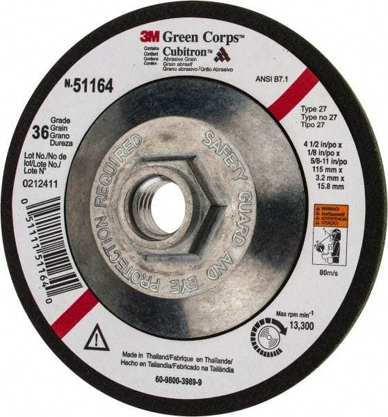 3M - 36 Grit, 4-1/2" Wheel Diam, 1/8" Wheel Thickness, Type 27 Depressed Center Wheel - Ceramic, 13,300 Max RPM, Compatible with Angle Grinder - Exact Industrial Supply