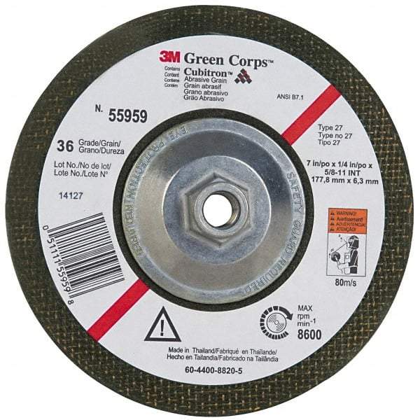 3M - 36 Grit, 7" Wheel Diam, 1/4" Wheel Thickness, Type 27 Depressed Center Wheel - Ceramic, 8,600 Max RPM, Compatible with Angle Grinder - Exact Industrial Supply
