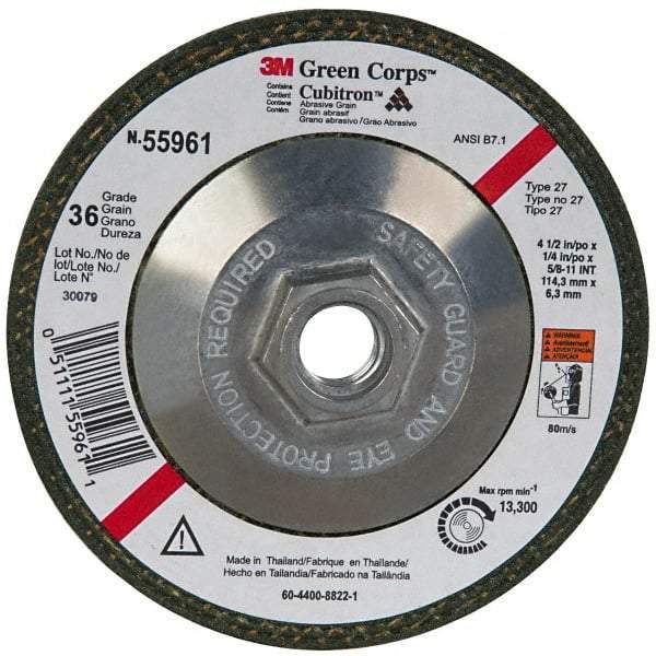 3M - 36 Grit, 4-1/2" Wheel Diam, 1/4" Wheel Thickness, Type 27 Depressed Center Wheel - Ceramic, 13,300 Max RPM, Compatible with Angle Grinder - Exact Industrial Supply