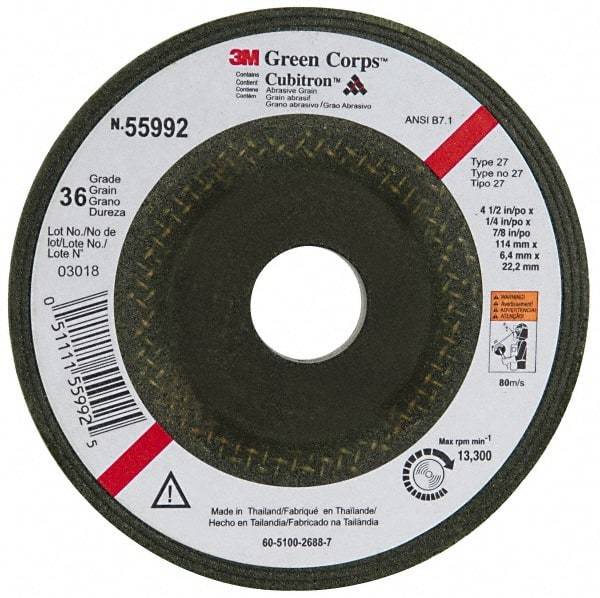 3M - 36 Grit, 4-1/2" Wheel Diam, 1/4" Wheel Thickness, 7/8" Arbor Hole, Type 27 Depressed Center Wheel - Ceramic, 13,300 Max RPM, Compatible with Angle Grinder - Exact Industrial Supply