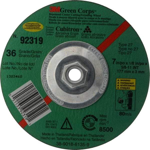3M - 36 Grit, 7" Wheel Diam, 1/8" Wheel Thickness, Type 27 Depressed Center Wheel - Ceramic, 8,500 Max RPM, Compatible with Angle Grinder - Exact Industrial Supply