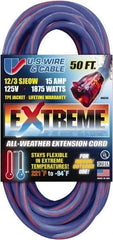 Value Collection - 50', 12/3 Gauge/Conductors, Blue/Pink Indoor & Outdoor Extension Cord - 1 Receptacle, 15 Amps, 125 Volts, UL SJEOW, NEMA 5-15P - Exact Industrial Supply