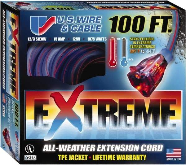 Value Collection - 100', 12/3 Gauge/Conductors, Blue/Pink Indoor & Outdoor Extension Cord - 1 Receptacle, 15 Amps, 125 Volts, UL SJEOW, NEMA 5-15P - Exact Industrial Supply