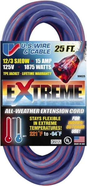 Value Collection - 25', 12/3 Gauge/Conductors, Blue/Pink Indoor & Outdoor Extension Cord - 1 Receptacle, 15 Amps, 125 Volts, UL SJEOW, NEMA 5-15P - Exact Industrial Supply