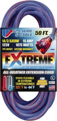 Value Collection - 50', 14/3 Gauge/Conductors, Blue/Pink Indoor & Outdoor Extension Cord - 1 Receptacle, 15 Amps, 125 Volts, UL SJEOW, NEMA 5-15P - Exact Industrial Supply