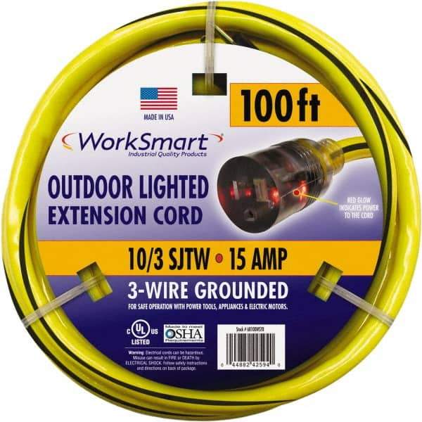 Value Collection - 100', 10/3 Gauge/Conductors, Yellow/Black Outdoor Extension Cord - 1 Receptacle, 15 Amps, UL SJTW, NEMA 5-15P - Exact Industrial Supply