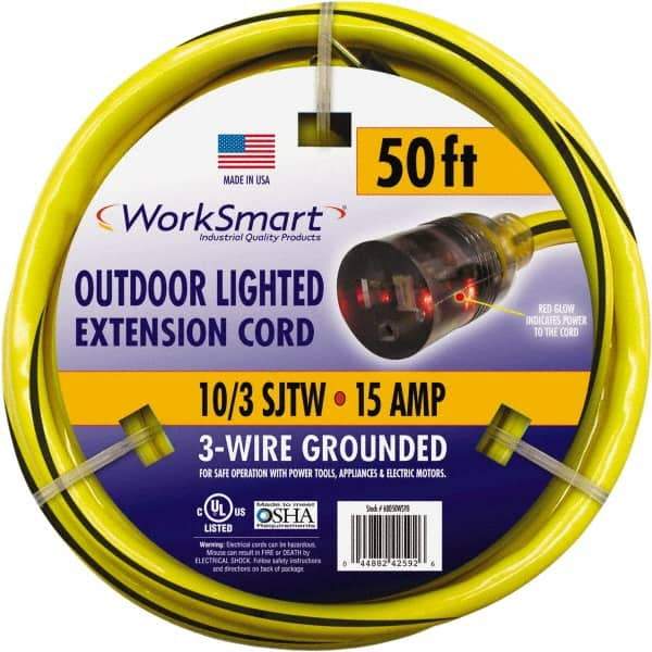 Value Collection - 50', 10/3 Gauge/Conductors, Yellow/Black Outdoor Extension Cord - 1 Receptacle, 15 Amps, UL SJTW, NEMA 5-15P - Exact Industrial Supply