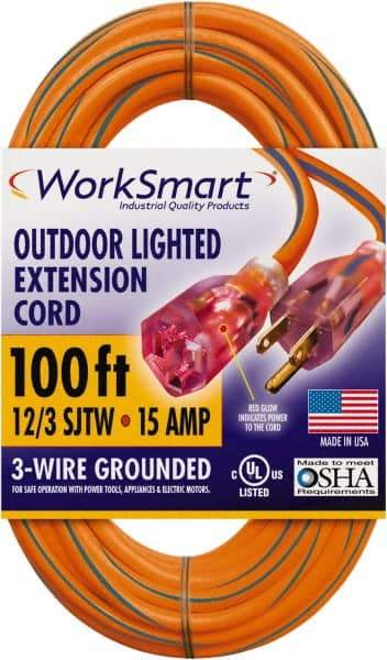 Value Collection - 100', 12/3 Gauge/Conductors, Orange/Blue Outdoor Extension Cord - 1 Receptacle, 15 Amps, UL SJTW, NEMA 5-15P - Exact Industrial Supply