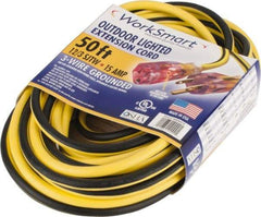 Value Collection - 50', 12/3 Gauge/Conductors, Yellow/Black Outdoor Extension Cord - 1 Receptacle, 15 Amps, UL SJTW, NEMA 5-15P - Exact Industrial Supply