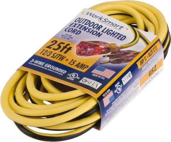 Value Collection - 25', 12/3 Gauge/Conductors, Yellow/Black Outdoor Extension Cord - 1 Receptacle, 15 Amps, UL SJTW, NEMA 5-15P - Exact Industrial Supply