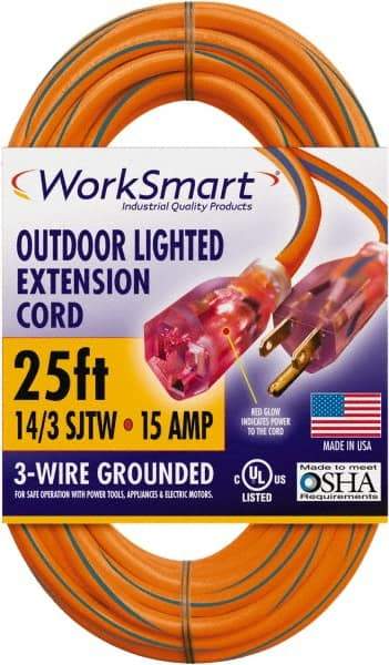 Value Collection - 25', 14/3 Gauge/Conductors, Orange/Blue Outdoor Extension Cord - 1 Receptacle, 15 Amps, UL SJTW, NEMA 5-15P - Exact Industrial Supply