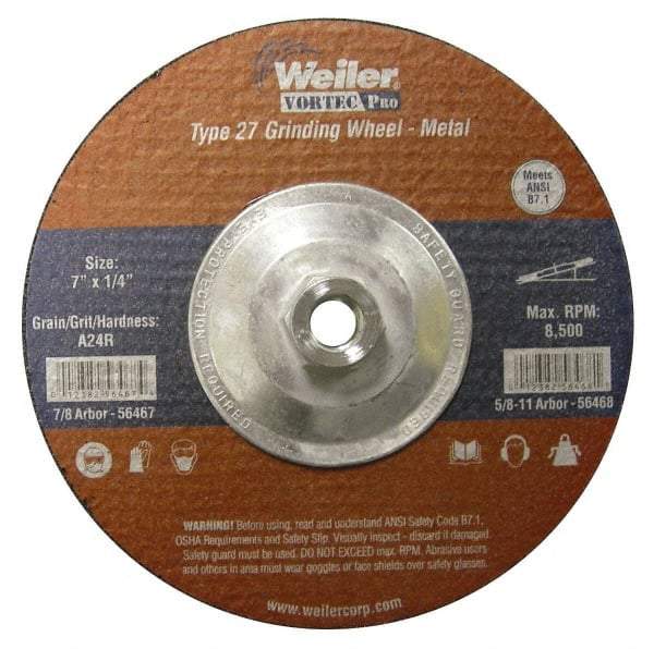 Weiler - 24 Grit, 7" Wheel Diam, 1/4" Wheel Thickness, Type 27 Depressed Center Wheel - Very Coarse Grade, Aluminum Oxide, Resinoid Bond, R Hardness, 8,500 Max RPM - Exact Industrial Supply