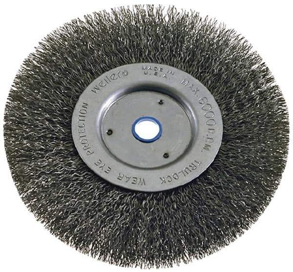Weiler - 6" OD, 2" Arbor Hole, Crimped Steel Wheel Brush - 1" Face Width, 1-1/8" Trim Length, 0.008" Filament Diam, 6,000 RPM - Exact Industrial Supply