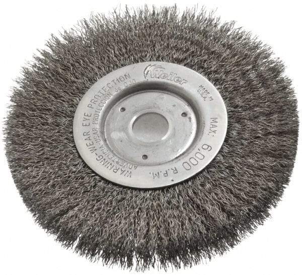 Weiler - 6" OD, 3/4" Arbor Hole, Crimped Steel Wheel Brush - 1/2" Face Width, 1-7/16" Trim Length, 0.0118" Filament Diam, 6,000 RPM - Exact Industrial Supply