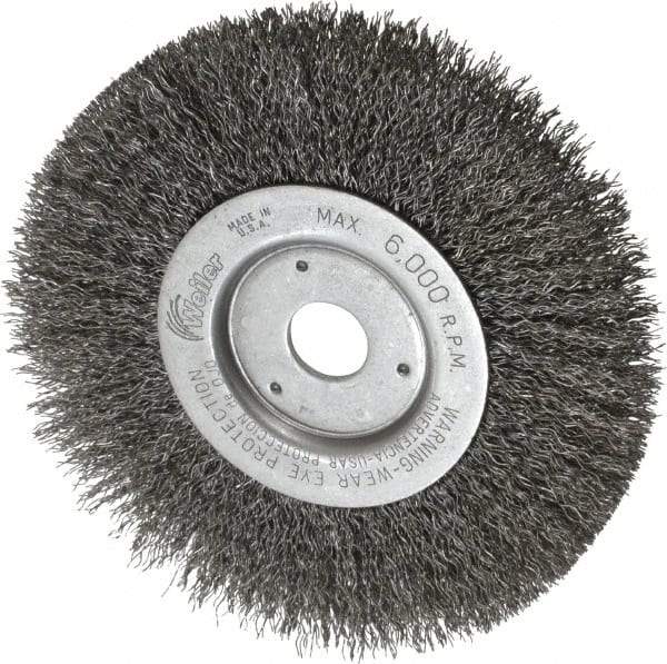 Weiler - 6" OD, 3/4" Arbor Hole, Crimped Wheel Brush - 1/2" Face Width, 1-7/16" Trim Length, 0.014" Filament Diam, 6,000 RPM - Exact Industrial Supply