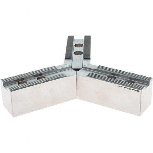Samchully - 210mm Max Chuck Capacity, 1.5mm x 60° Serrated Interface, Round Soft Lathe Chuck Jaw - 3 Jaw, Steel, 25mm Btw Mount Hole Ctrs, 95mm Long, 35mm Wide, 38mm High, 14mm Groove, M12mm Fastener - Exact Industrial Supply