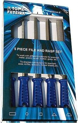 Anglo American - 5 Piece American Pattern File Set - 8" Long, Bastard Coarseness, Set Includes Square, Flat, Round, Half Round, Three Square - Exact Industrial Supply