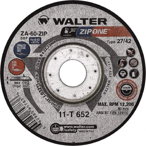 WALTER Surface Technologies - 60 Grit, 5" Wheel Diam, 1/32" Wheel Thickness, 7/8" Arbor Hole, Type 27 Depressed Center Wheel - Zirconia Alumina, Resinoid Bond, 12,200 Max RPM - Exact Industrial Supply