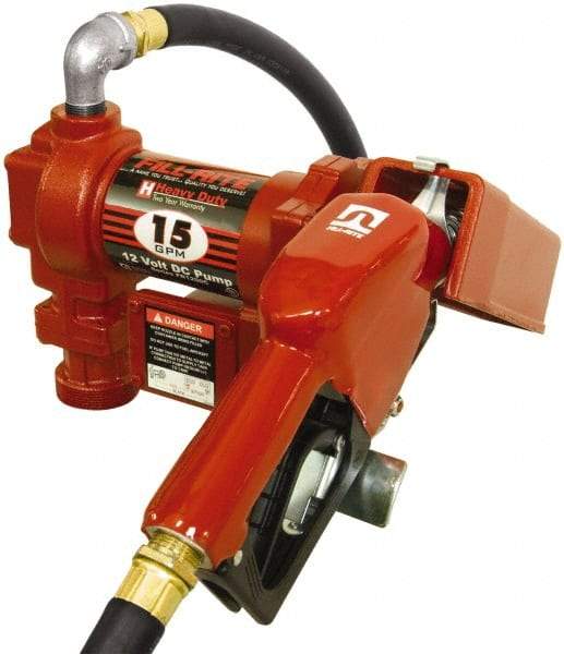Tuthill - 15 GPM, 3/4" Hose Diam, DC Tank Pump with Automatic Nozzle - 1" Inlet, 3/4" Outlet, 12 Volts, 12' Hose Length, 1/4 hp - Exact Industrial Supply