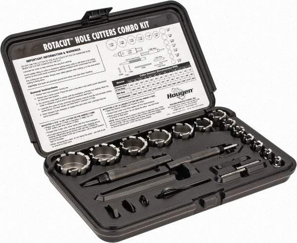 Hougen - 19 Piece, 5/16 to 1-1/2" Cutter Diam, High Speed Steel Annular Cutter Set - Bright Finish, 5/16, 3/8, 7/16, 1/2, 9/16, 5/8, 3/4, 7/8, 1, 1-1/8, 1-1/4, 1-3/8, 1-1/2" Cutter Diams, 3 Flats on Shank - Exact Industrial Supply