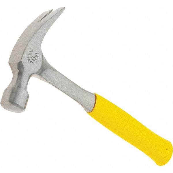 Stanley - 16 oz Head, Curved Claw Hammer - 12.8" OAL, Steel Head, 1.1" Face Diam, Smooth Face, Steel Handle with Grip - Exact Industrial Supply