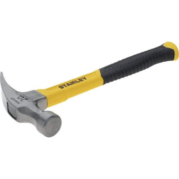 Stanley - 20 oz Head, Curved Claw Hammer - 12.83" OAL, Steel Head, 1.18" Face Diam, Smooth Face, Fiberglass Handle with Grip - Exact Industrial Supply