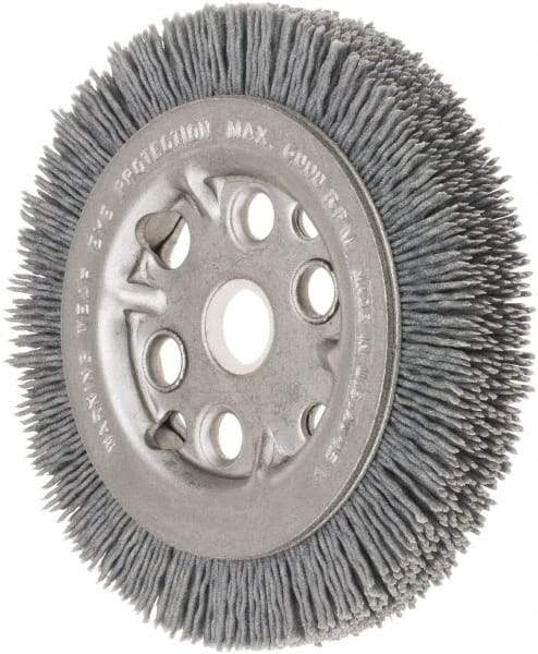 Weiler - 4-1/4" OD, 5/8" Arbor Hole, Crimped Nylon Wheel Brush - 3/4" Face Width, 5/8" Trim Length, 0.035" Filament Diam, 6,000 RPM - Exact Industrial Supply