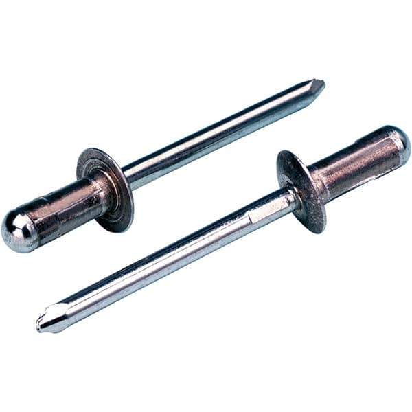 STANLEY Engineered Fastening - Size 6 Large Flange Head Aluminum Open End Blind Rivet - Steel Mandrel, 0.063" to 0.252" Grip, 3/16" Head Diam, 0.1929" to 0.1988" Hole Diam, 2.83" Body Diam - Exact Industrial Supply