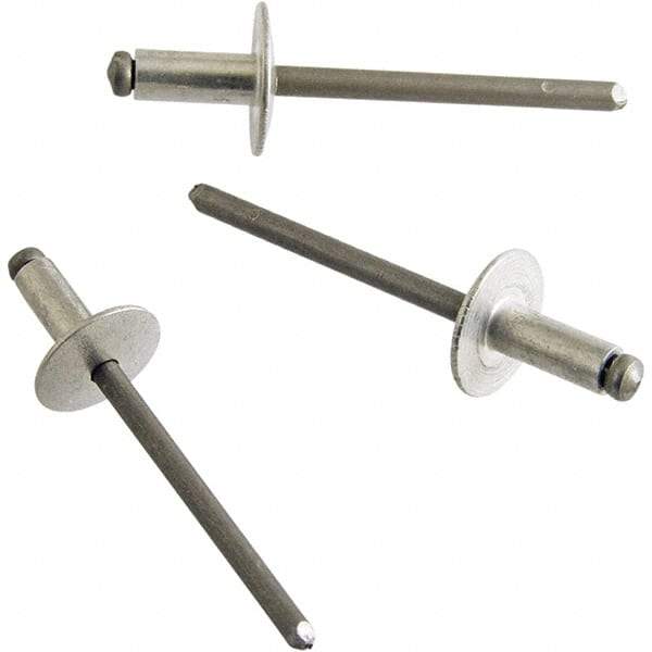 STANLEY Engineered Fastening - Size 6 Dome Head Aluminum Open End Blind Rivet - Steel Mandrel, 0.251" to 3/8" Grip, 3/16" Head Diam, 0.192" to 0.196" Hole Diam, 0.116" Body Diam - Exact Industrial Supply