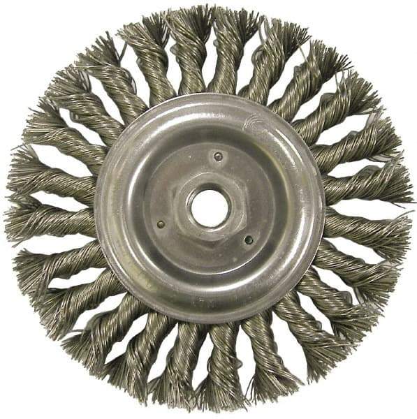 Weiler - 6" OD, 5/8-11 Arbor Hole, Knotted Steel Wheel Brush - 1/2" Face Width, 1-3/8" Trim Length, 0.023" Filament Diam, 9,000 RPM - Exact Industrial Supply