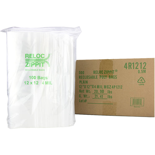 12″ × 12″ 4-MIL Clear Reloc Zippit Zipper Bags , Sold per Case of 500 (5 boxes of 100 per case)