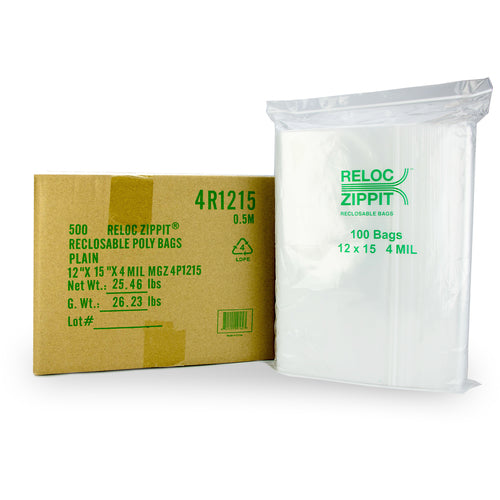 12″ × 15″ 4-MIL Clear Reloc Zippit Zipper Bags , Sold per Case of 500 (5 boxes of 100 per case)