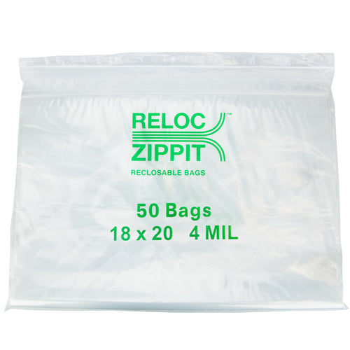18″ × 20″ 4-MIL Clear Reloc Zippit Zipper Bags , Sold per Case of 250 (5 boxes of 50 per case)