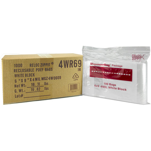 6″ × 9″ 4-MIL White Block Reloc Zippit Zipper Bags, Sold per Case of 1000 (10 boxes of 100 per case)