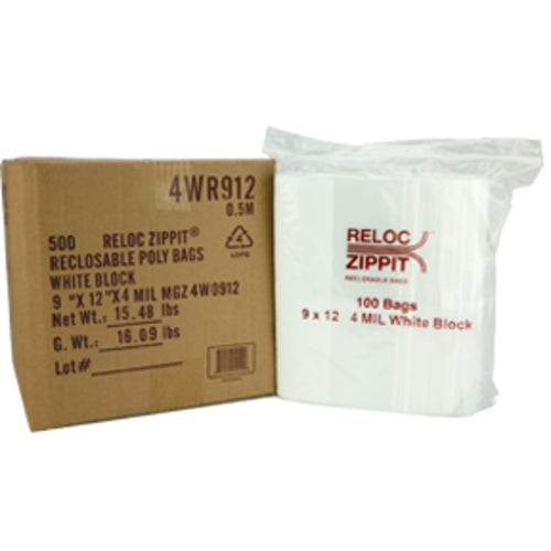 9″ × 12″ 4-MIL White Block Reloc Zippit Zipper Bags, Sold per Case of 500 (5 boxes of 100 per case)