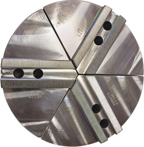 Abbott Workholding Products - 4" Max Chuck Capacity, 1.5mm x 60° Serrated Interface, Round Soft Lathe Chuck Jaw - 3 Jaw, Aluminum, 0.5906" Btw Mount Hole Ctrs, 6" Wide, 2" High, 6mm Fastener - Exact Industrial Supply