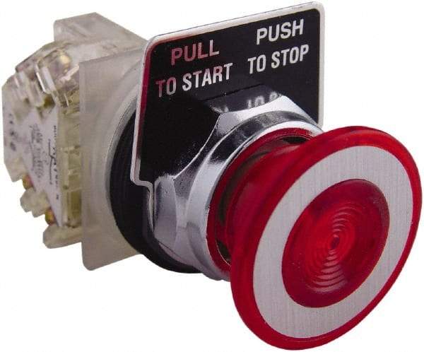 Square D - 1.18 Inch Mount Hole, Extended Mushroom Head, Pushbutton Switch Only - Round, Red Pushbutton, Nonilluminated, Shock and Vibration Resistant - Exact Industrial Supply