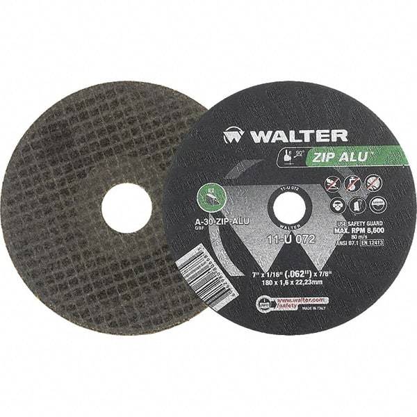 WALTER Surface Technologies - 7" 30 Grit Aluminum Oxide Cutoff Wheel - 1/16" Thick, 7/8" Arbor, 8,600 Max RPM, Use with Angle Grinders - Exact Industrial Supply