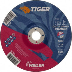 Weiler - 30 Grit, 7" Wheel Diam, 1/8" Wheel Thickness, 7/8" Arbor Hole, Type 27 Depressed Center Wheel - Medium Grade, Aluminum Oxide, Resinoid Bond, S Hardness, 8,500 Max RPM - Exact Industrial Supply