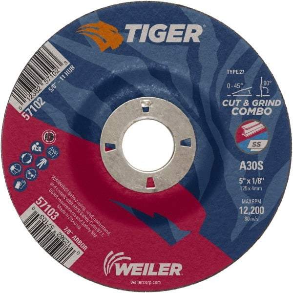 Weiler - 30 Grit, 5" Wheel Diam, 1/8" Wheel Thickness, 7/8" Arbor Hole, Type 27 Depressed Center Wheel - Medium Grade, Aluminum Oxide, Resinoid Bond, S Hardness, 12,200 Max RPM - Exact Industrial Supply