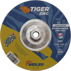 Weiler - 30 Grit, 7" Wheel Diam, 1/8" Wheel Thickness, Type 27 Depressed Center Wheel - Medium Grade, Zirconia Alumina, Resinoid Bond, T Hardness, 8,500 Max RPM - Exact Industrial Supply