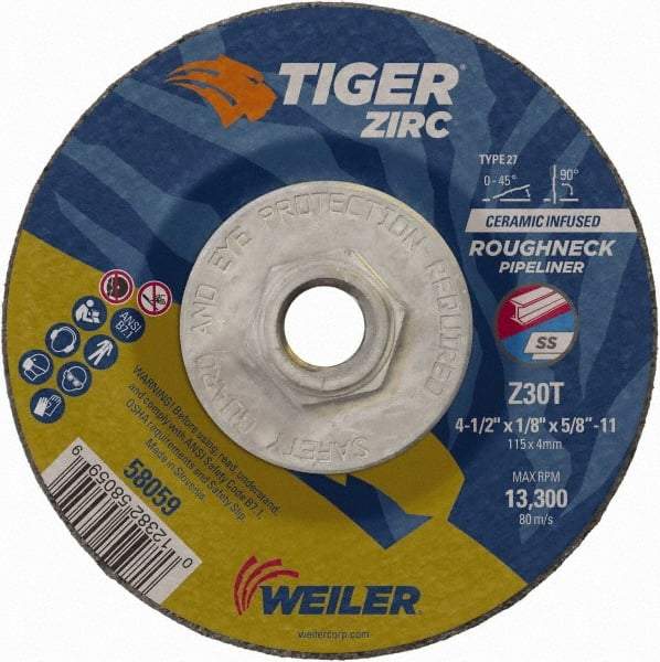 Weiler - 30 Grit, 4-1/2" Wheel Diam, 1/8" Wheel Thickness, Type 27 Depressed Center Wheel - Medium Grade, Zirconia Alumina, Resinoid Bond, T Hardness, 13,300 Max RPM - Exact Industrial Supply