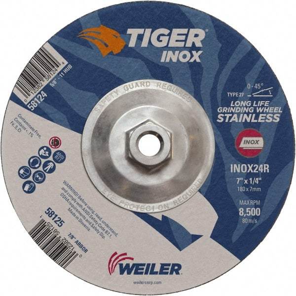 Weiler - 24 Grit, 7" Wheel Diam, 1/4" Wheel Thickness, Type 27 Depressed Center Wheel - Coarse Grade, Aluminum Oxide, Resinoid Bond, R Hardness, 8,500 Max RPM - Exact Industrial Supply
