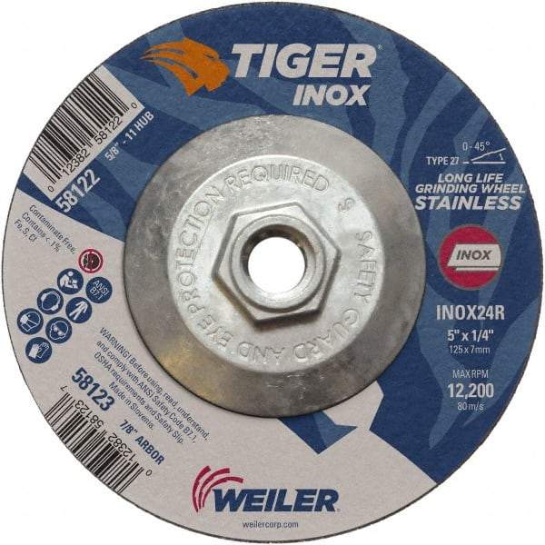 Weiler - 24 Grit, 5" Wheel Diam, 1/4" Wheel Thickness, Type 27 Depressed Center Wheel - Coarse Grade, Aluminum Oxide, Resinoid Bond, R Hardness, 12,200 Max RPM - Exact Industrial Supply