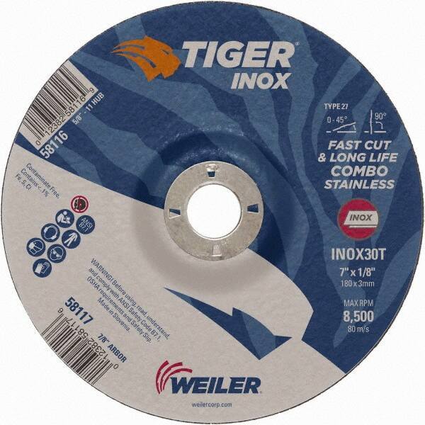 Weiler - 30 Grit, 7" Wheel Diam, 1/8" Wheel Thickness, 7/8" Arbor Hole, Type 27 Depressed Center Wheel - Medium Grade, Aluminum Oxide, Resinoid Bond, T Hardness, 8,500 Max RPM - Exact Industrial Supply