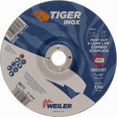 Weiler - 30 Grit, 7" Wheel Diam, 1/8" Wheel Thickness, 7/8" Arbor Hole, Type 27 Depressed Center Wheel - Medium Grade, Aluminum Oxide, Resinoid Bond, T Hardness, 8,500 Max RPM - Exact Industrial Supply