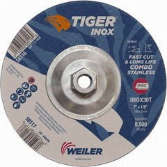 Weiler - 30 Grit, 7" Wheel Diam, 1/8" Wheel Thickness, Type 27 Depressed Center Wheel - Medium Grade, Aluminum Oxide, Resinoid Bond, T Hardness, 8,500 Max RPM - Exact Industrial Supply