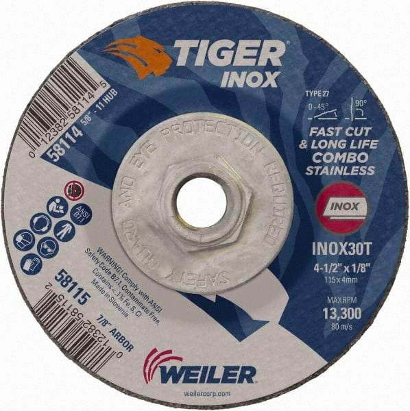 Weiler - 30 Grit, 4-1/2" Wheel Diam, 1/8" Wheel Thickness, Type 27 Depressed Center Wheel - Medium Grade, Aluminum Oxide, Resinoid Bond, T Hardness, 13,300 Max RPM - Exact Industrial Supply