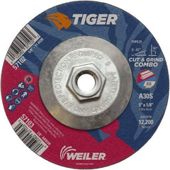 Weiler - 30 Grit, 5" Wheel Diam, 1/8" Wheel Thickness, Type 27 Depressed Center Wheel - Medium Grade, Aluminum Oxide, Resinoid Bond, S Hardness, 12,200 Max RPM - Exact Industrial Supply
